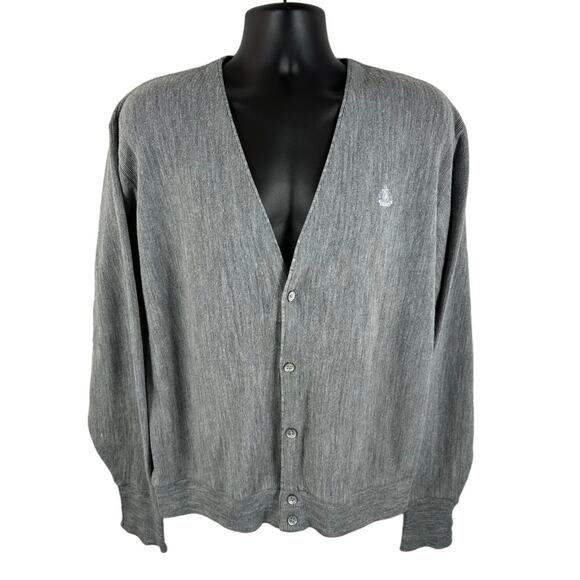 Vintage Izod Knit Cardigan Sweater Large Grey Crest Embroidery Vintage Grandpa